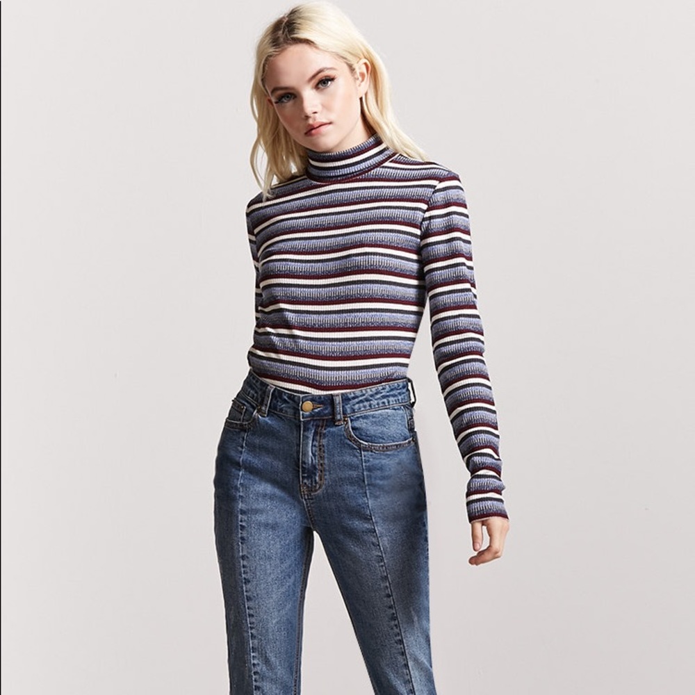 F21 Striped Ribbed Knit Turtleneck Top